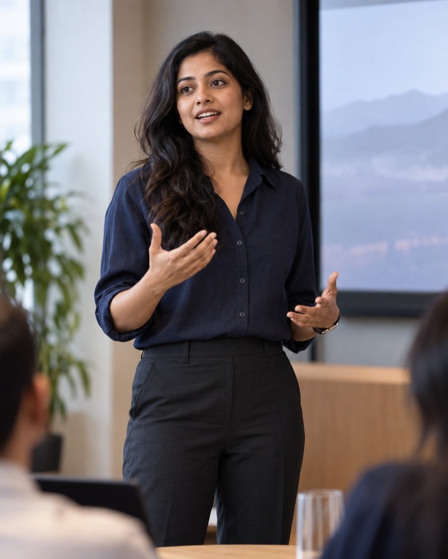 Speaker presenting confidently to a small group